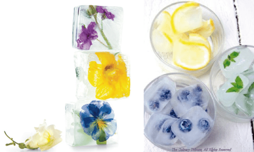 hielos con flores y frutas